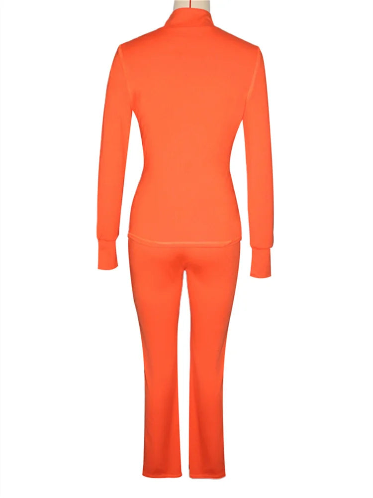 Sporty 2-Piece Set Women Zip o-Neck Hollow Long Sleeve Coat+Stretch Trouser Solid Autumn Trend Simple Daily Street Suits