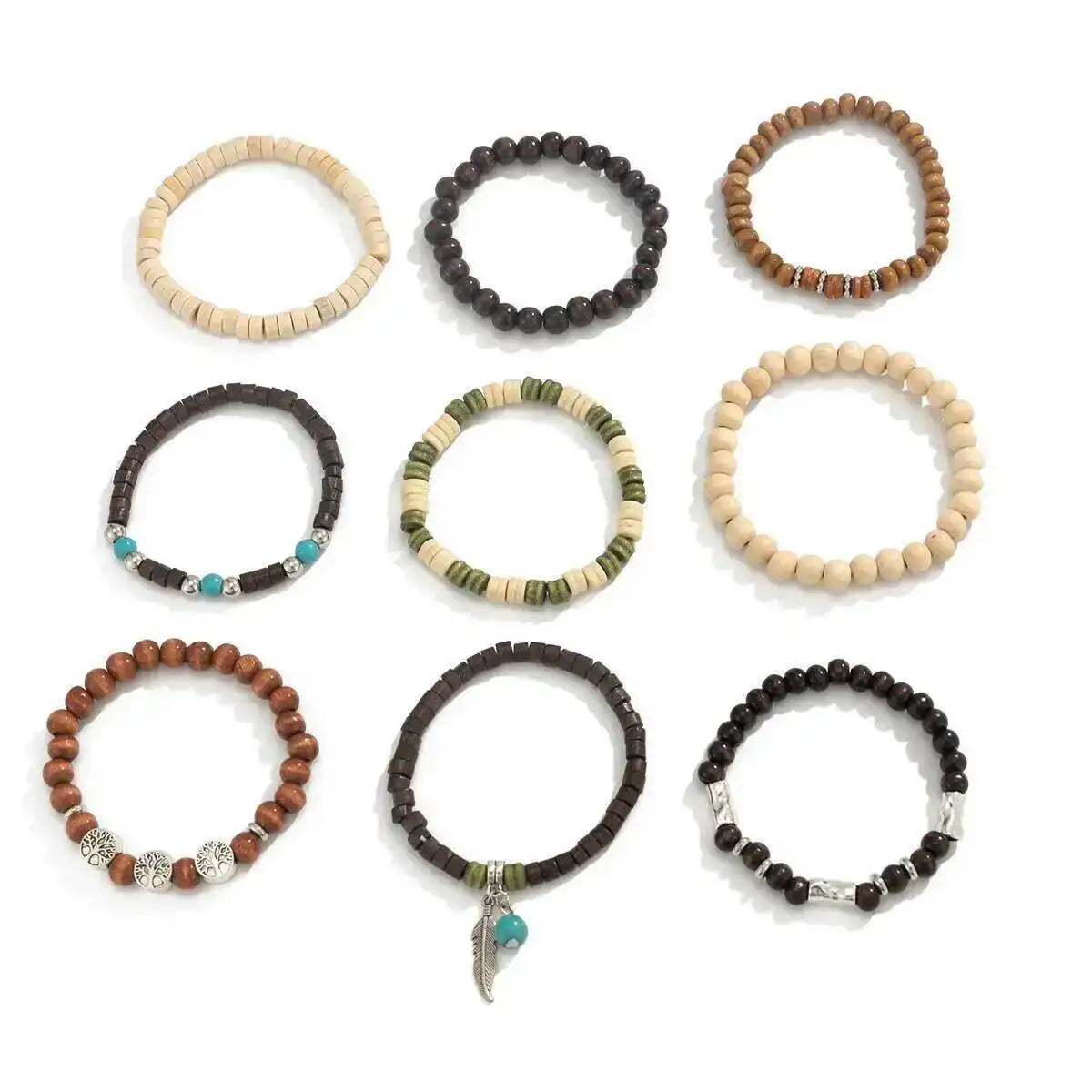 9Pcs/Set Ethnic Feather Tree of Life Pendant Bracelet for Men on Hand Elastic Wooden Beaded Bangles Couple Jewelry Gift