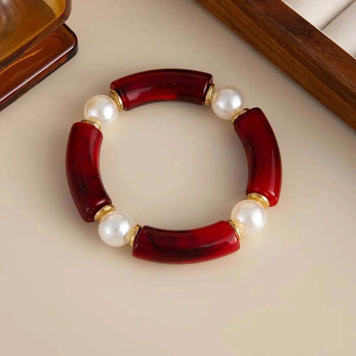 6 Style Vintage Red Resin Acrylic Bracelets for Women Punk Splice Metal Tube Beaded Handmade Bangles Aesthetics Jewelry