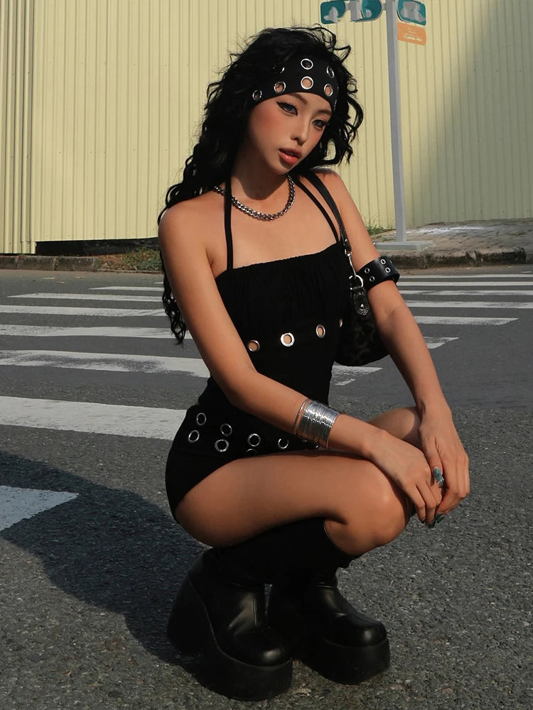 Sexy Women Y2K 2 Piece Set Metal Hollow Ruched Patchwork Camisole+Shorts Matching Streetwear Hipster Trend Outfits