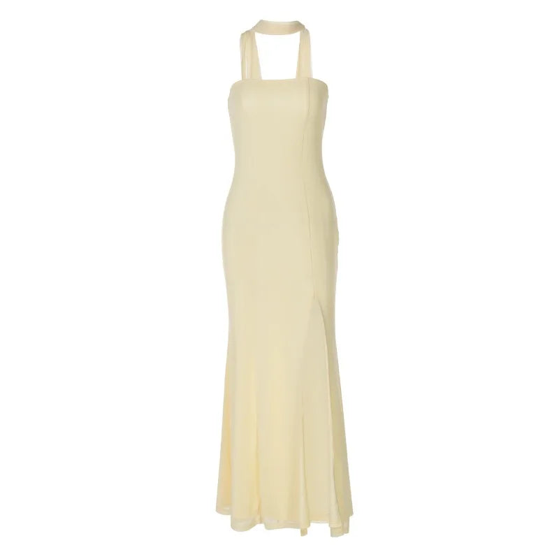 Strapless Backless Side Split Maxi Dress Yellow Elegant Summer Wedding Guest Dresses Woman