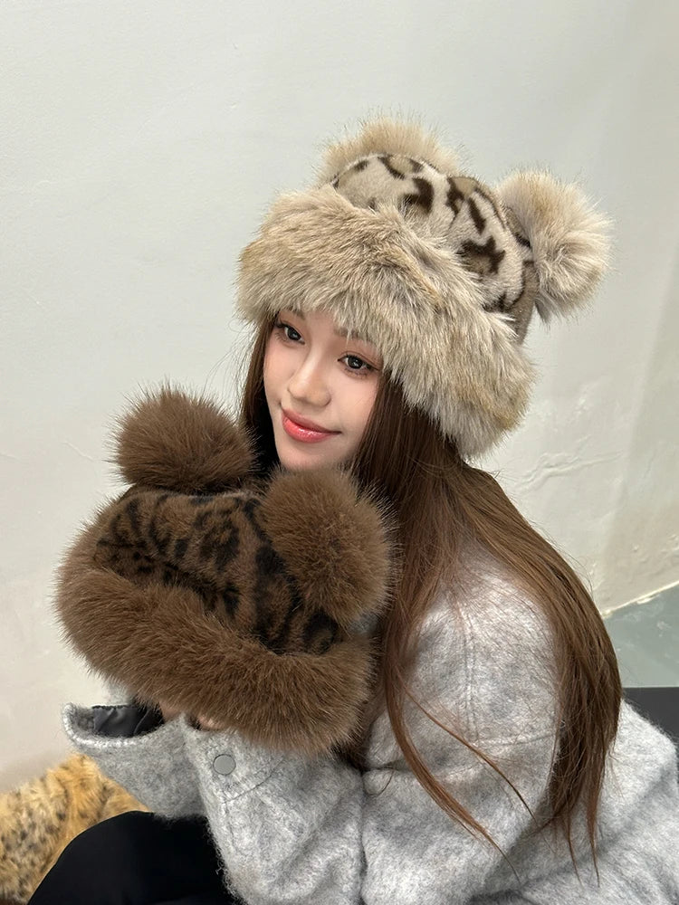 Women's Leopard Print Bear Ears Plush Hat Thick Warm Winter Cap Fashionable Earflap Bucket Hat for Ladies
