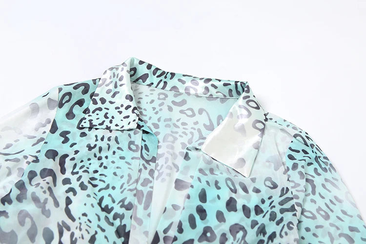 Leopard Print 2 Piece Set Women Sexy Y2K See Through Bodysuit+Ruched Ribbon Thick Skirts Matching Vacation Clubwear