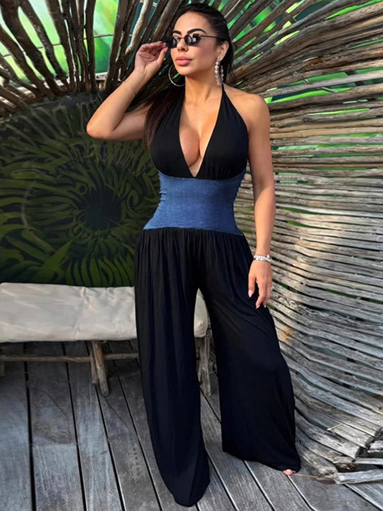 Contrast Patchwork Wide-Leg Jumpsuit Women Lace-Up Halter Low-Neck Backless Sleeveless Zipper Ruched Fashion Overalls