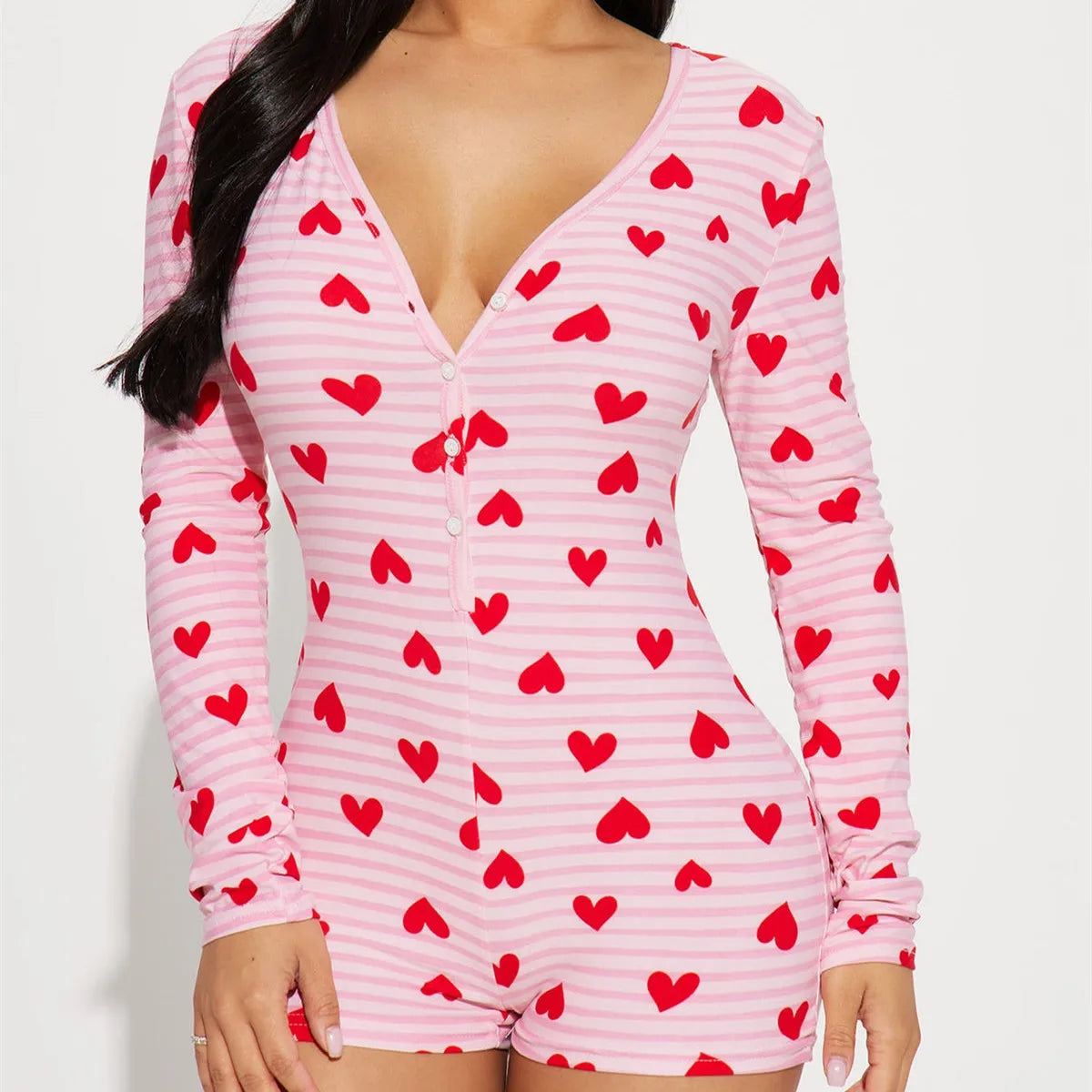 Women Valentines Day Jumpsuit Pajama Romantic Heart Print Long Sleeve V Neck Button Front Shorts Romper Fitted Sleepwear