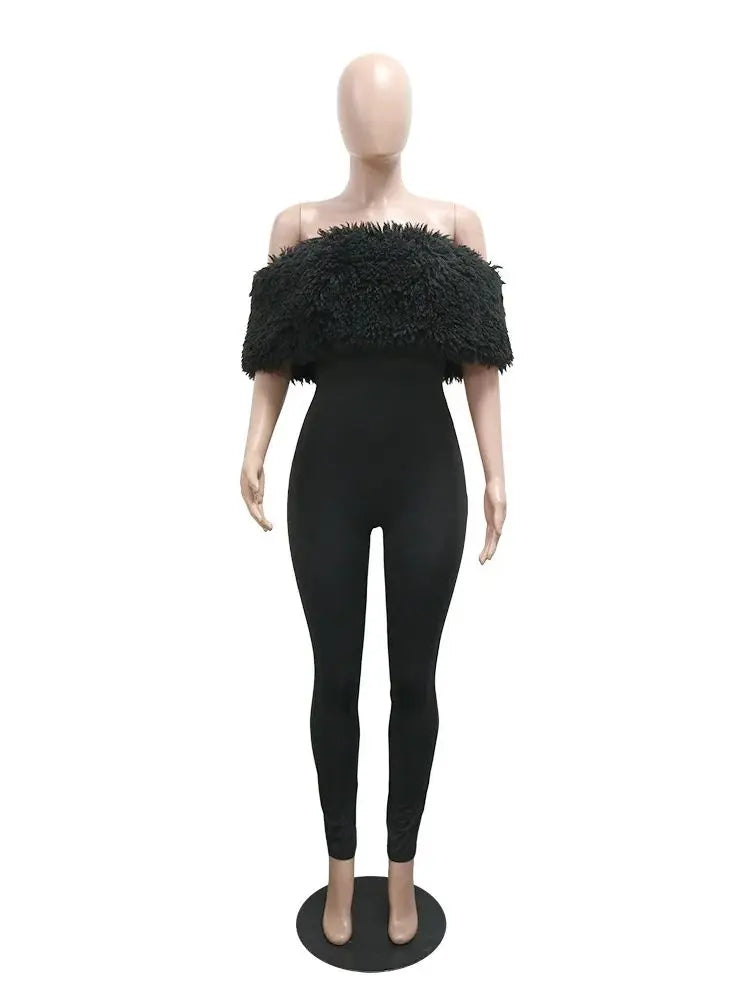 Furry Slash Neck Jumpsuit Women Skinny Fitness Fall Trend Hipster Fitness Elegant Stretch Streetwear Workout Overalls