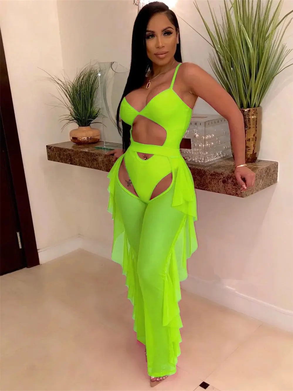 Summer 2 Piece Set Women Sexy Hollow See Through Bodysuit Top+Ruffles Pants Vacation Beach Matching Clubwear Outfits