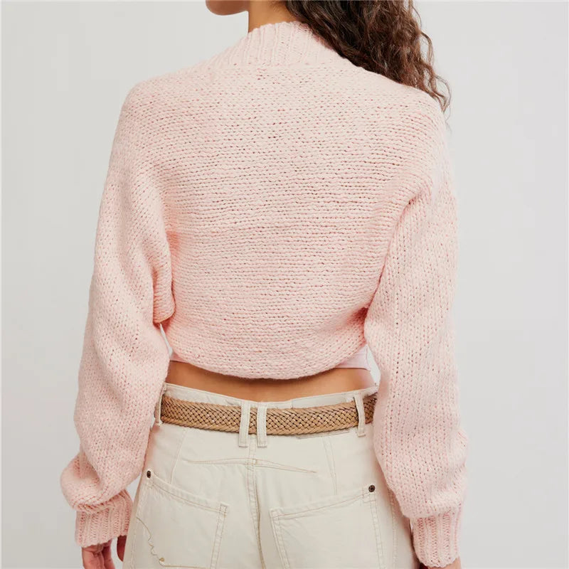 Women Knitted Cropped Bolero Shrug Open Front Long Sleeve Balloon Sleeve Ribbed Trim Short Cardigan Sweet Casual Outerwear Top