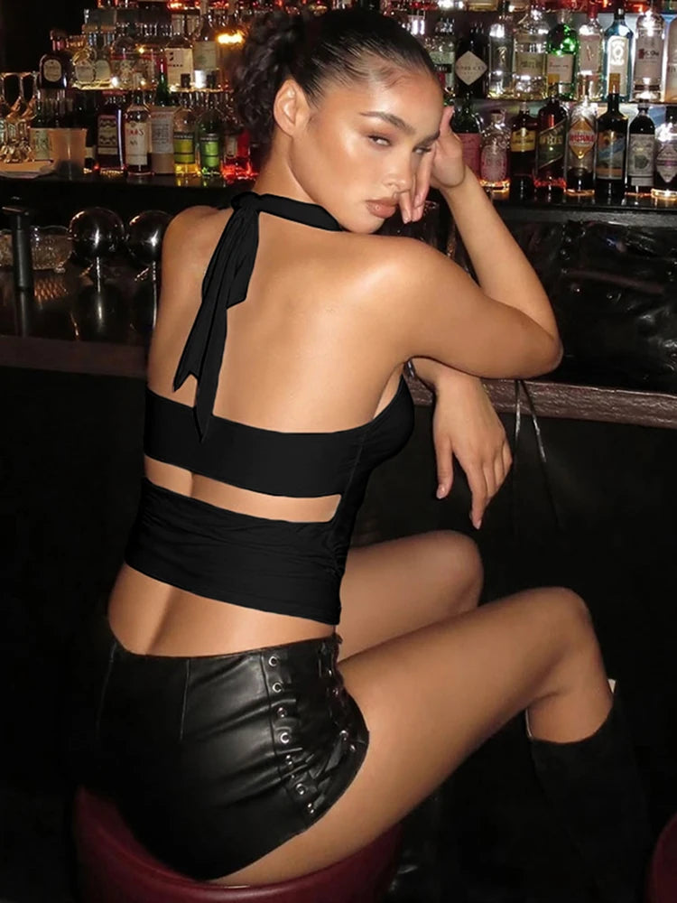 Y2K Backless Tank Tops+Bra Women Ruched Sexy Swing Collar Summer Basic Midnight Hottie High Street Slim Classic Vest