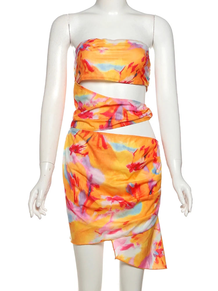 Colorful Print Strapless Dress Women Thin Irregular Multilayer Mesh Side Knot Hollow Beach Vacation Club Mini Bodycon