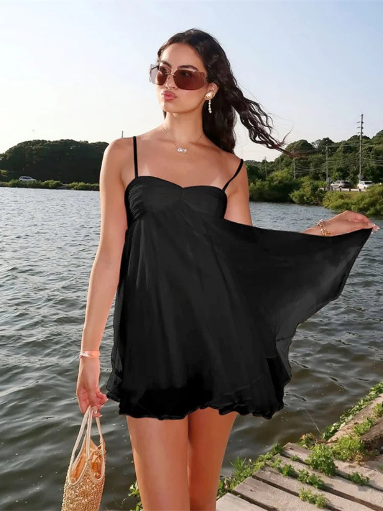 Chiffon Pink Princess Dress Woman Clothes Sexy Spaghetti Strap Backless Mini Dresses