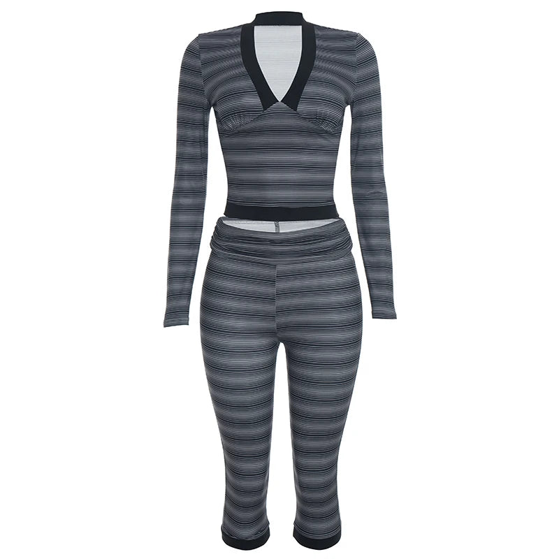Striped Print 2 Piece Set Women Line Patchwork Trend V-Neck Full Sleeve T-Shirt+Capri Pants Fashion Chic Street Suits