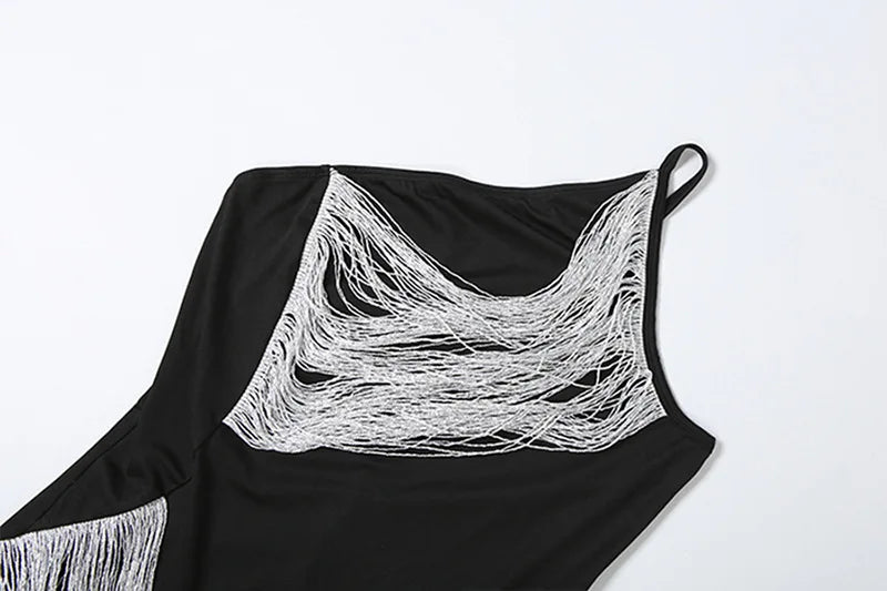 One Shoulder Backless Fringed Long Dresses Black Gowns Elegant Sexy Woman Birthday Dresses