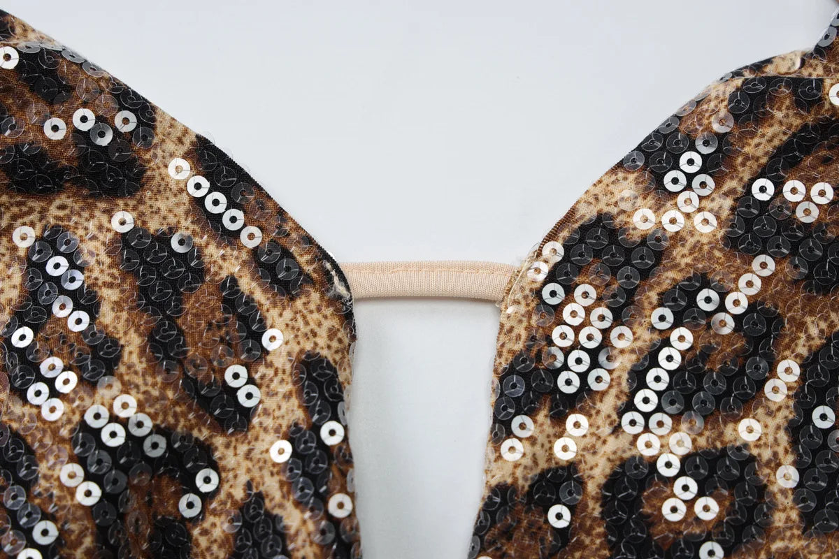 Leopard Print Sequin Backless Halter Top and Mini Skirt Two Piece Set Women Sexy Going Out Club Outfits