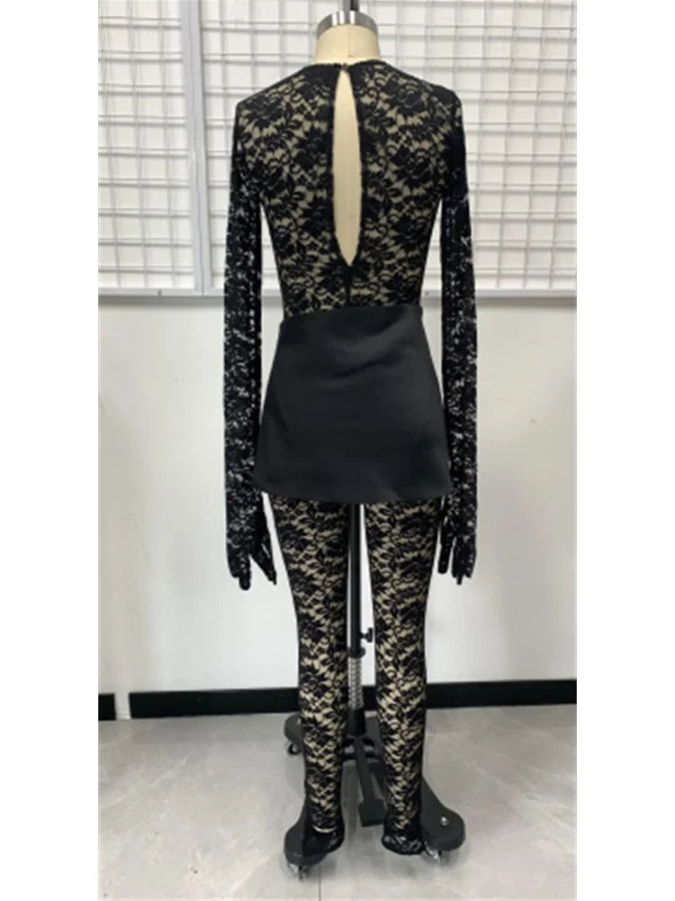 Lace Hollow Button Jumpsuits Women Long Sleeve Gloves Bow Metal Trim Button See Through Midnight Sexy Skinny Overalls