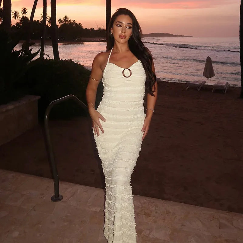 Halter Backless Frilly Long Dresses Vacation Outfits Woman Elegant Sexy Beach Dress Boho Chic Clothes 2025