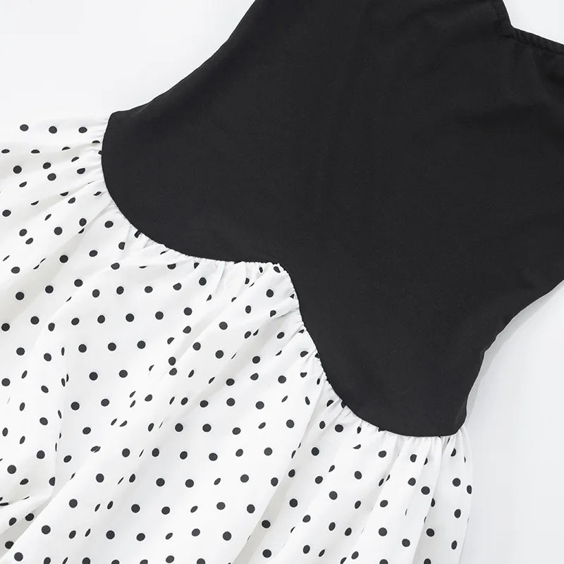 Polka Dot Splicing Black Tube Dress French Style Cute Summer Short Dresses Woman Clothing