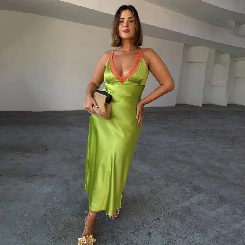Sexy Deep V Neck Backless Long Dresses Green French Style Satin Dress Elegant Clothes Woman