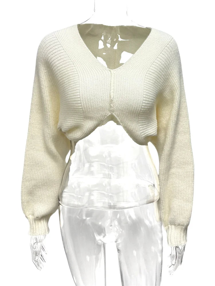 Knit Crop Sweater Women Y2K Lantern Sleeve Casuals Autumn Simple Classic Comfortable Elegant Basic V-Neck Loose Tops