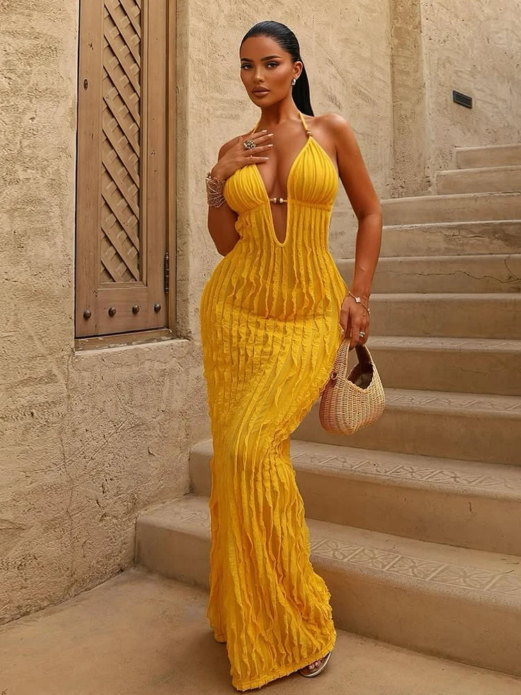 Ruched Elegant Maxi Dress Women Beads Lace-Up Halter Low-Neck Backless Vacation Street Fashion Solid Skinny Vestidos