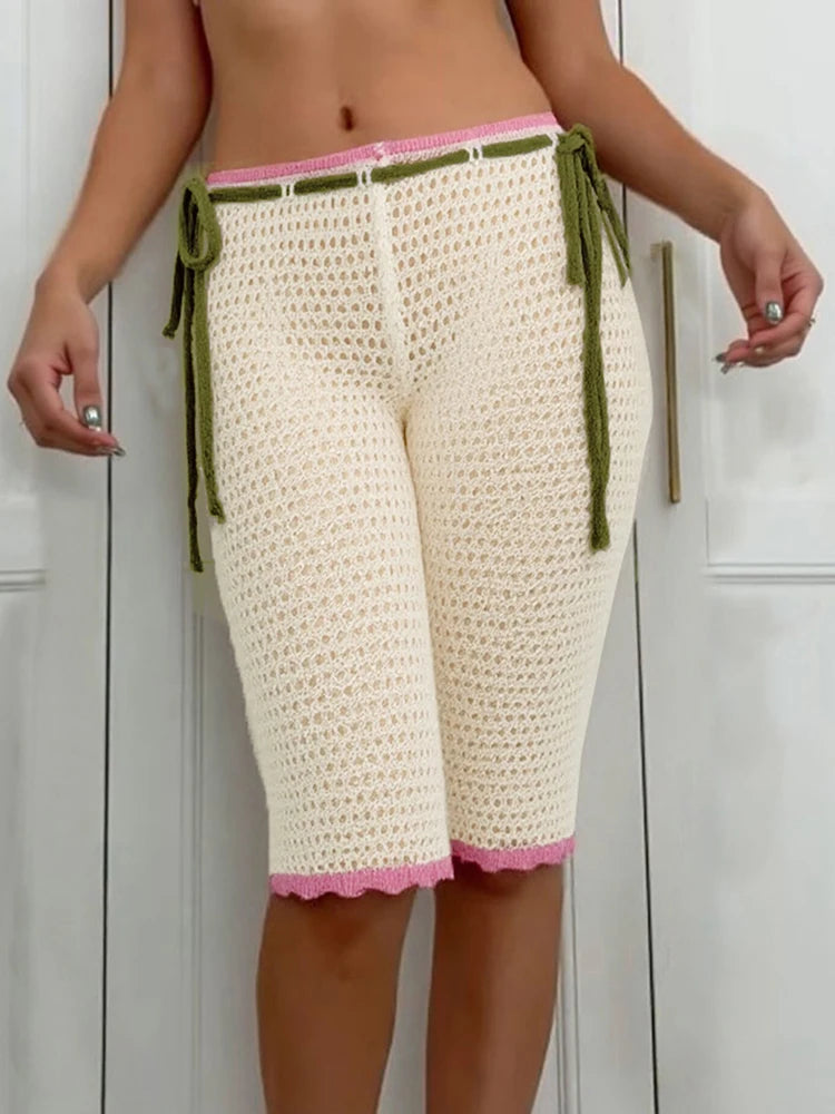 Crochet Shorts Women Coquette Hollow Sash Bandage Sexy Summer Hipster Midnight Clubwear Skinny Stretch Bike Shorts