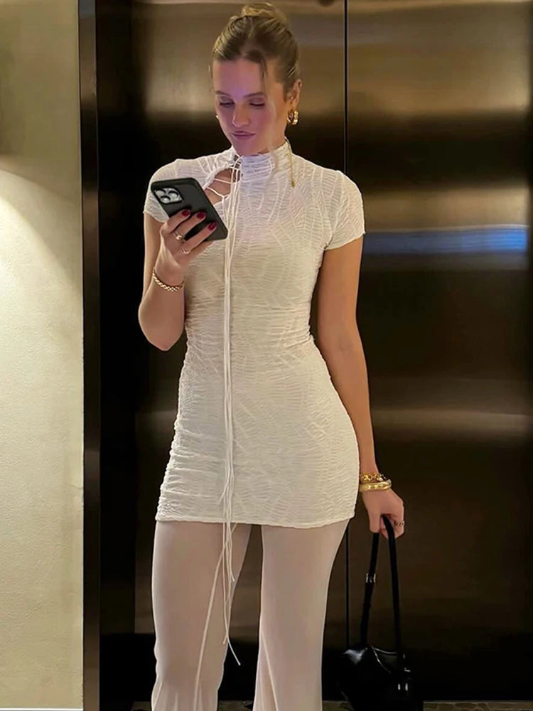 Jacquard Shirring Dress Women See Through Sexy Elegant Chic Y2K Shorts Sleeve Peach Hip Simple Fashion Mini Bodycon