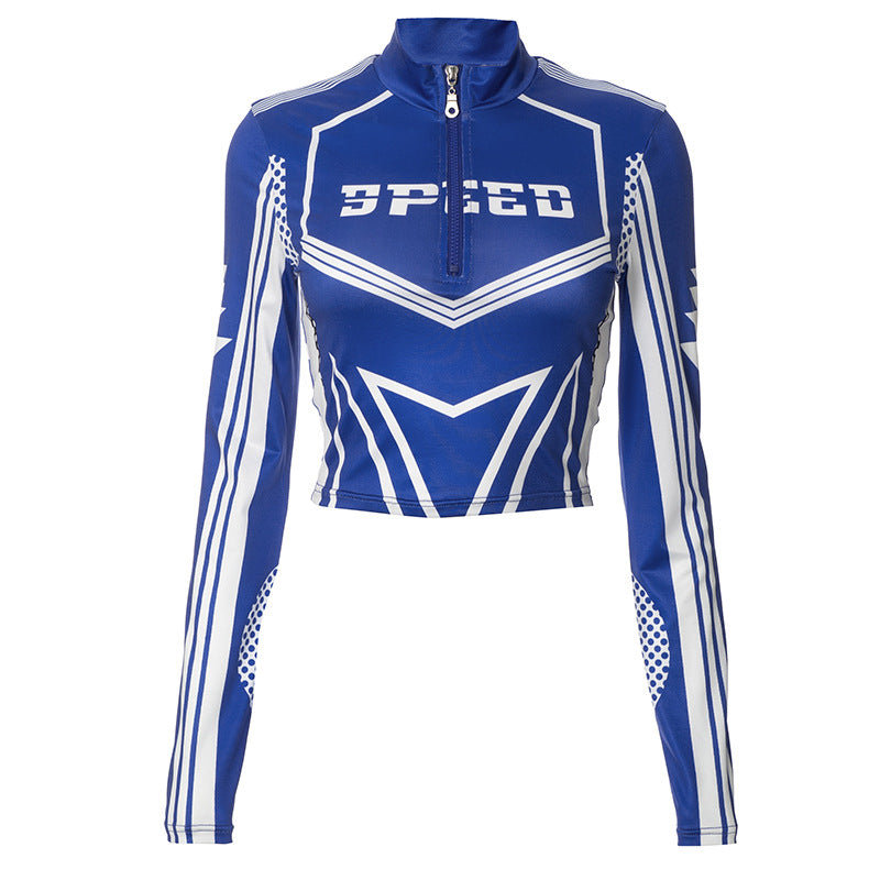 Moto Girl Graphic T Shirts Streetwear Women Zipper Long Sleeve Crop Top Fashion Sexy Blue Black Tees