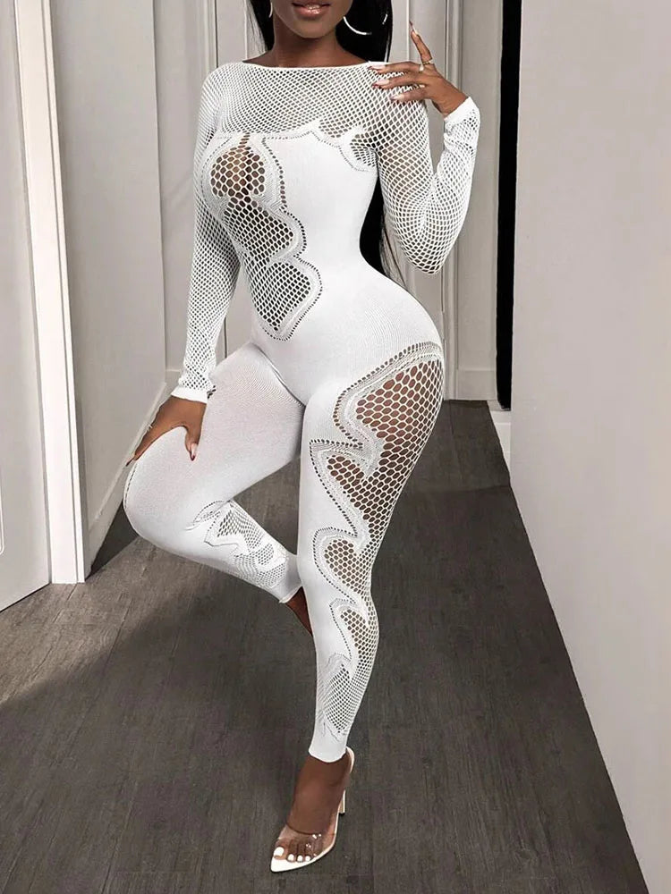 Hollow jumpsuit women stretch skinny full sleeve solid fall hipster sexy midnight coquette activity workout overalls