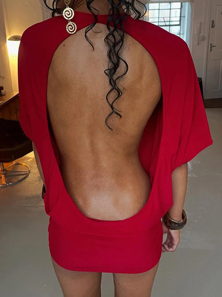 Sexy Backless Mini Dress Women Y2K Solid Trend Style o-Neck Half Sleeve Spicy Girls Street Fashion Skinny Outfits