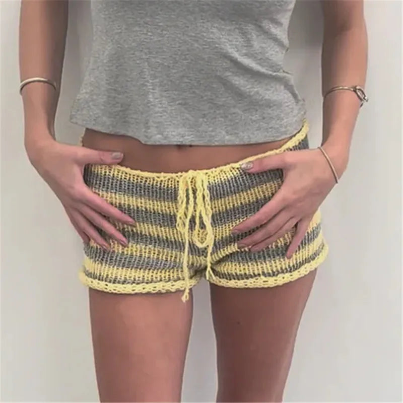 Drawstring Knit Crochet Shorts Women Summer Low Waist Stripes Print Booty Shorts Grunge Stretchy Shorts HolidayBeachwear