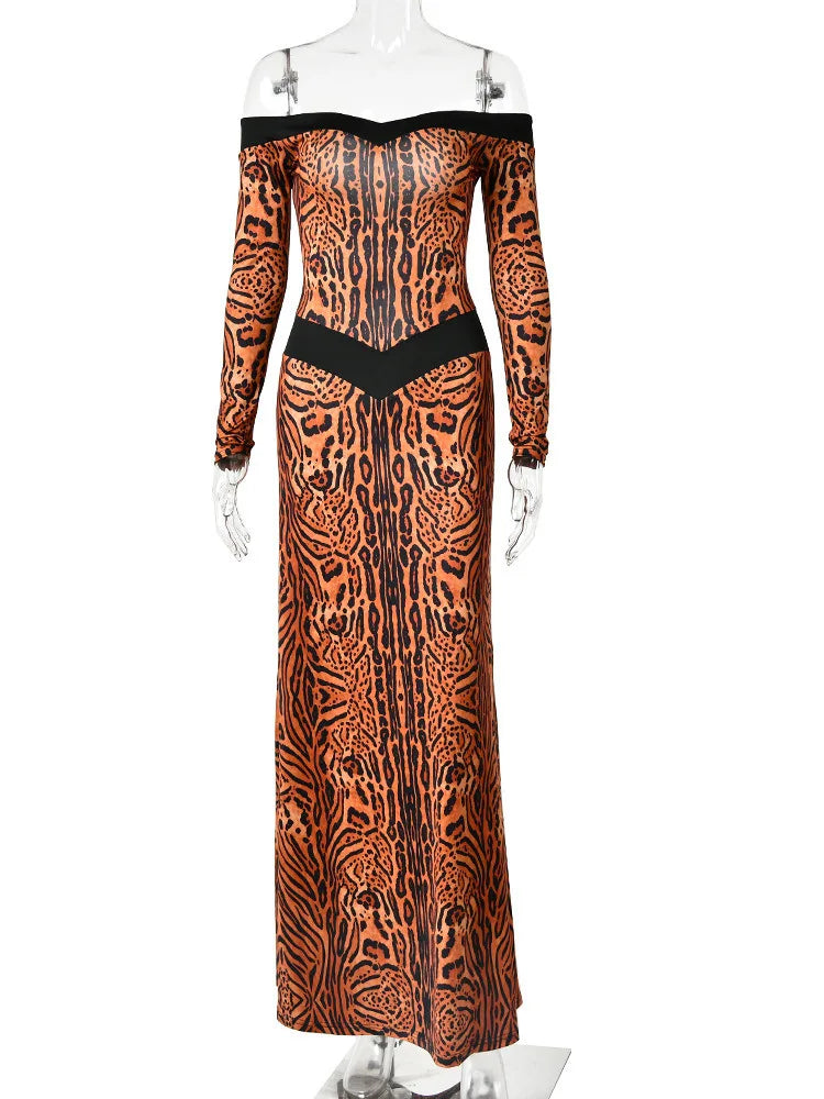 Women Off Shoulder Leopard Print Maxi Dress Long Sleeve Cutout Bodycon Evening Party Gown Formal Wedding Guest Dress