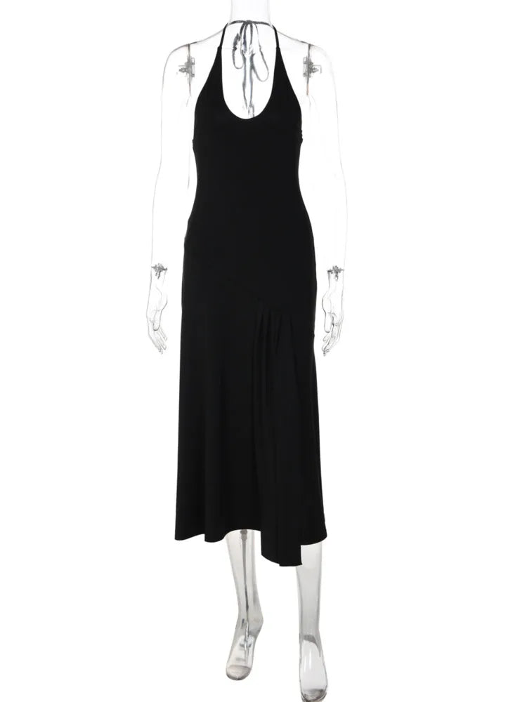 Halter Deep V Neck Sexy Midi Dress Women Elegant Black Sleeveless Backless Ruched Flared Hem Club Party Long Dresses