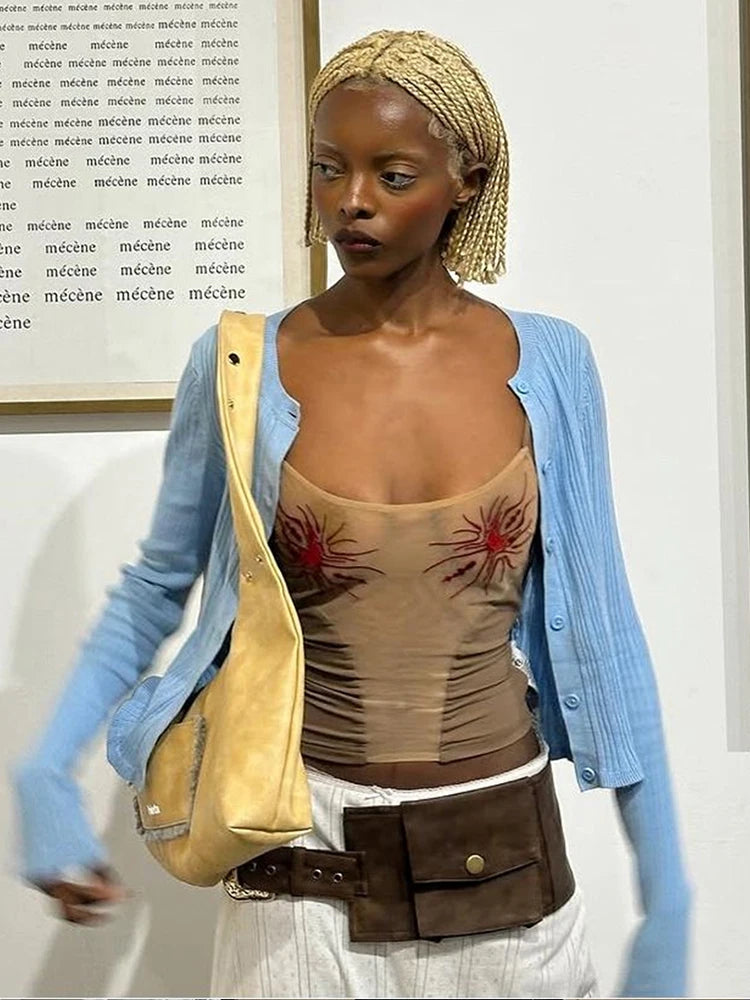 Sun Print Sexy Women Camisole Y2K Summer Fashion Low-Neck Coquette Midnight Party Club Wild Basic Street Slim Tees