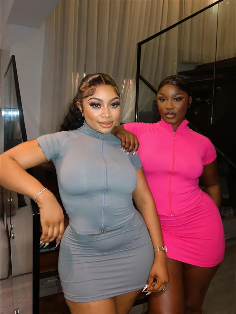 Casual Sporty 2 Piece Set Women Zip Cardigan Turtleneck Short Sleeve Tops+Skinny Mini Skirts Summer Trend Tracksuits