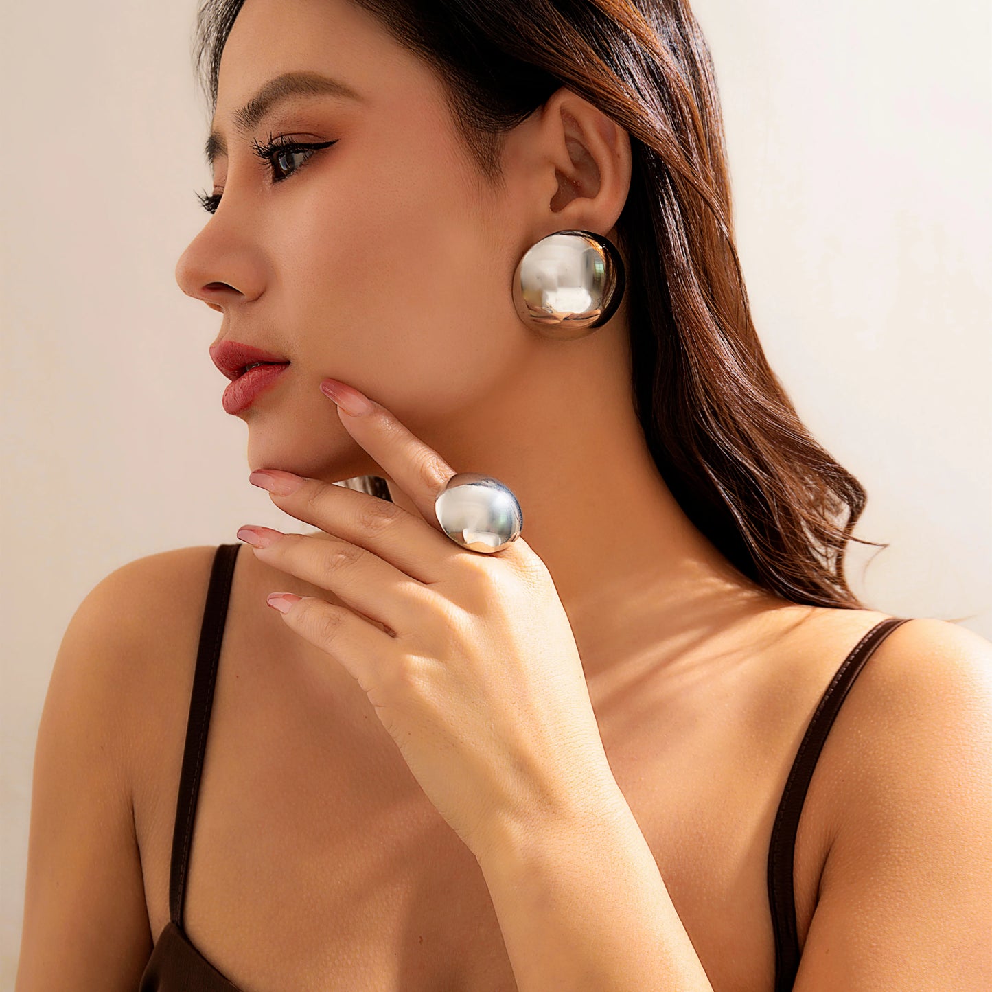 2Pcs Unique Smooth Round Big Ball Metal Stud Earrings Women Classic Vintage Rings Pierced Earring Steampunk Jewelry Set