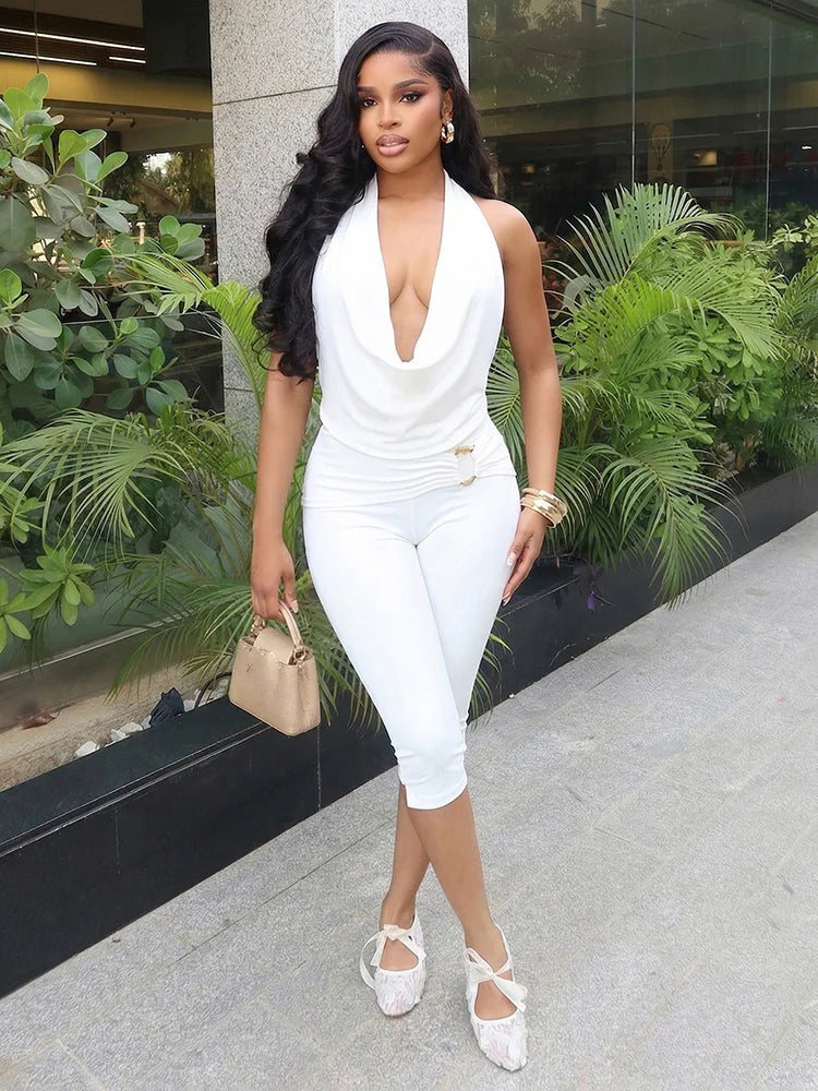 Metal Decoration Playsuits Women Halter Backless Swing Collar Sleeveless Folds Skinny Sexy Hottie Midnight Outfits