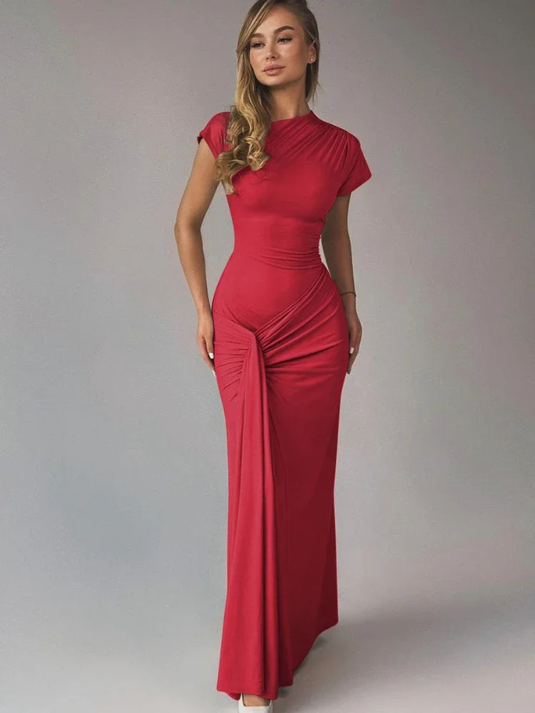 Ruched Draped Short Sleeve Long Dresses Elegant Fashion 2024 Autumn Women Dress