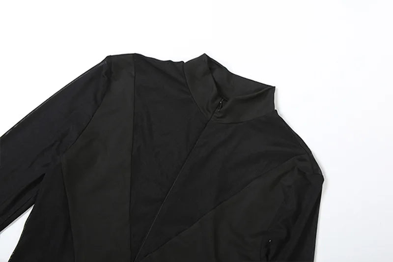 Mesh Splicing See Through Black Long Sleeve Bodycon Jumpsuits for Woman Sexy Club Wear Fall Clothes