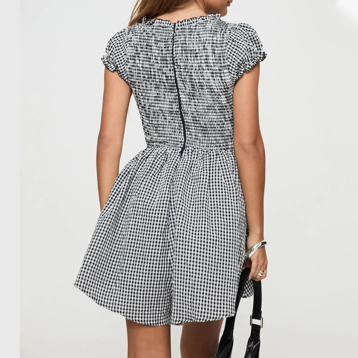 Women Y2k Gingham Playsuit Short Sleeve Smocked Babydoll Bodysuit Rompers Flowy A-Line Club Dress Retro Streetwear