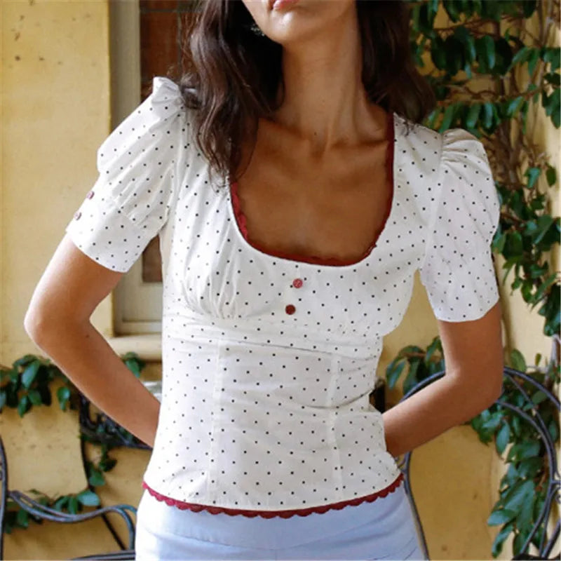 Women Short Sleeve Shirts Dot Print Lace Trim Buttons Scoop Neck Blouses Summer Slim Fit Casual Tops Streetwear