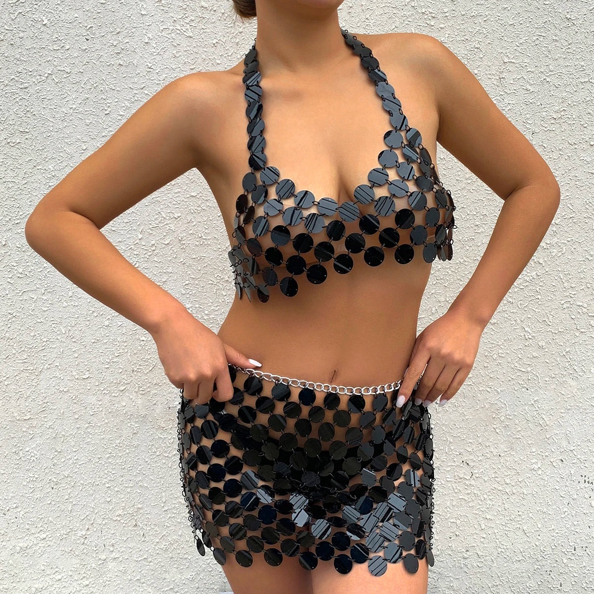 Sexy Acrylic Plastic Sequin Chest Bra Chain Dress Nightclub Party Show Festival Outfit Dance Costume Stage Wear Body Jewelry New