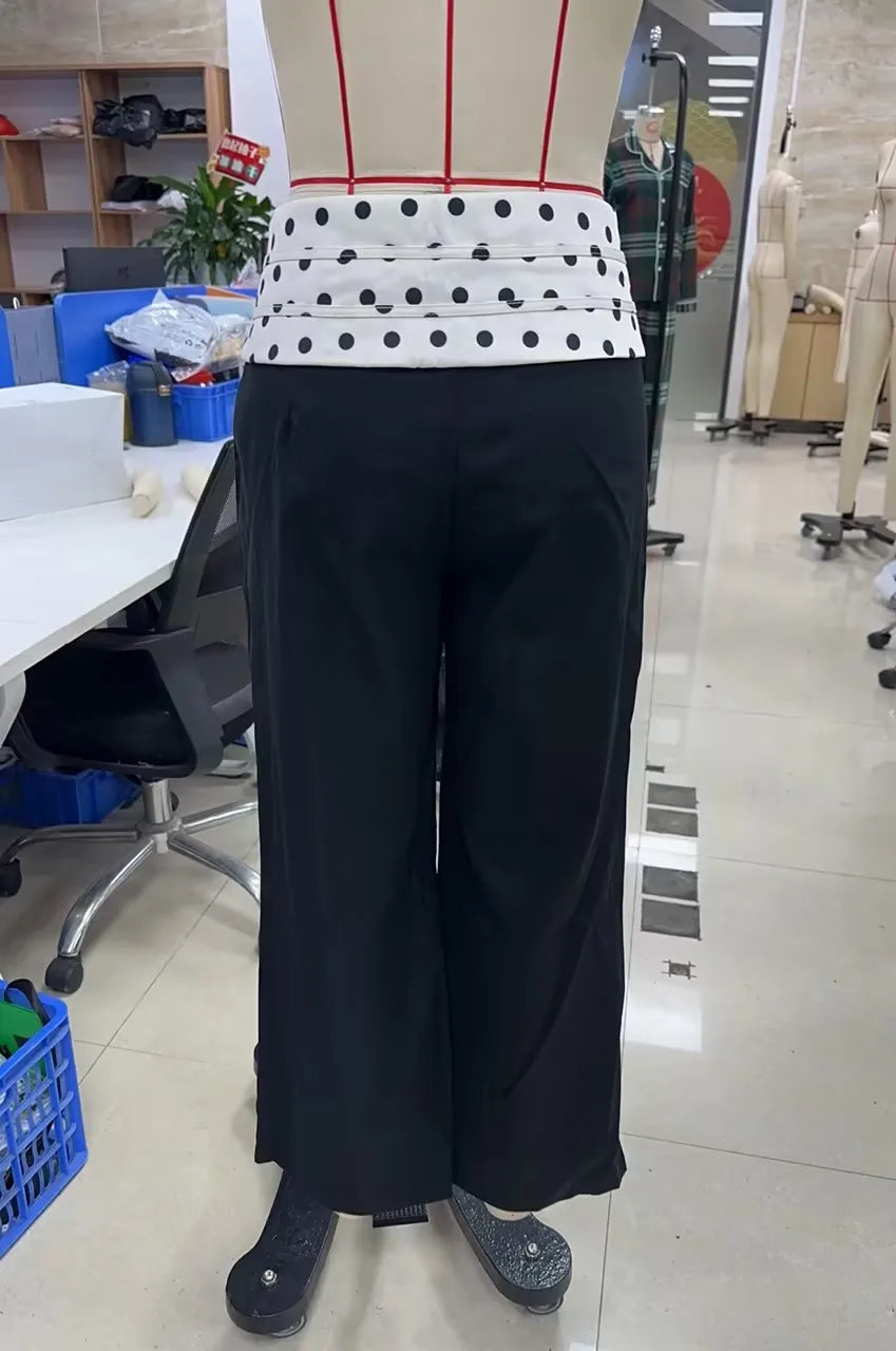 Elegant Office Ladies Wide Leg Trousers Plus Size High Rise Polka Dot Waist Tie Black Loose Work Wear Business Pants