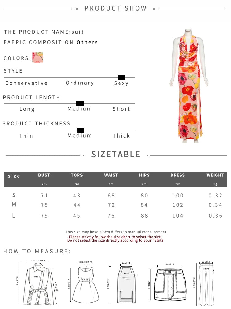 Floral Print 2 Piece Set Women Halter Low-Neck Backless Crop Tops+Skinny Splits Long Skirts Vacation Beach Style Suit