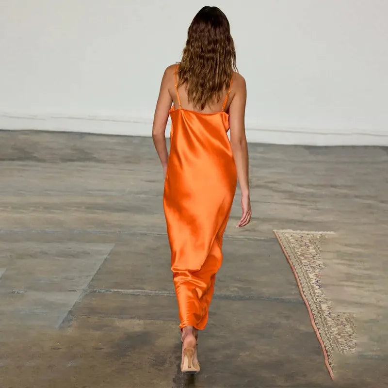 Sexy Deep V Neck Backless Long Dresses Green French Style Satin Dress Elegant Clothes Woman