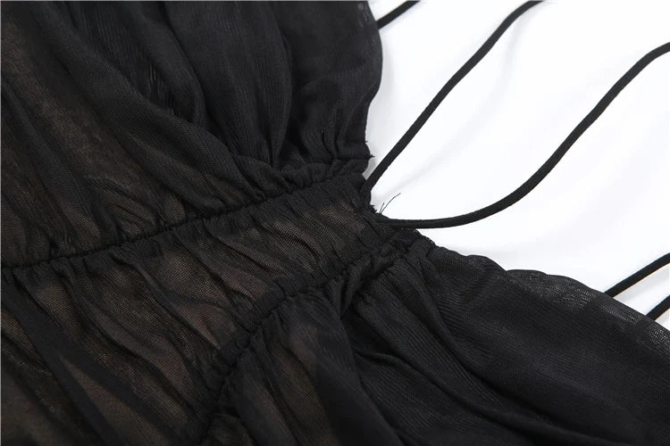 Folds Maxi Dress Women Low-Neck Peach Butt Sleeveless Patchwork Mesh Elasticity Sexy Slim Midnight Prom Party Vestidos