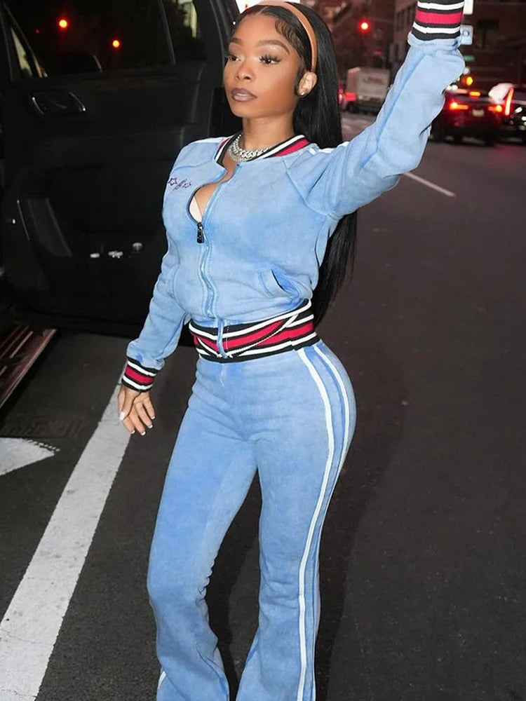 Tie-Dye Print Women Tracksuit 2 Piece Set Print Zip Crop Jacket+Straight Pants Matching Streetwear Casual Sporty Suit