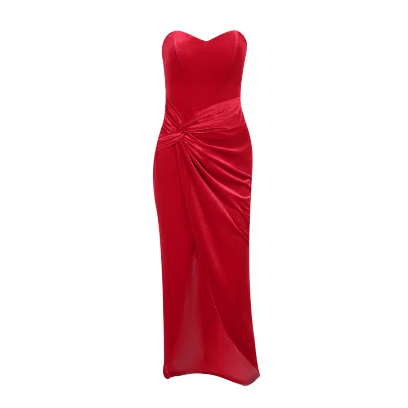 Elegant Sexy Strapless Corset Long Dress High Split Velvet Red Evening Dresses Luxury Party Outfit Women