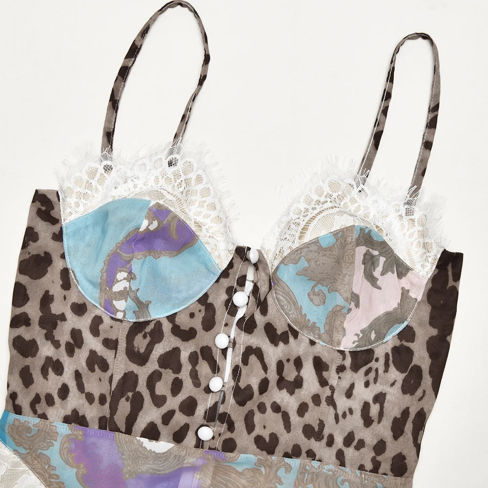 See Through Maxi Dress Women Sexy Patchwork Leopard Print High Slits Single-Breasted Hollow Summer Vacation Vestidos