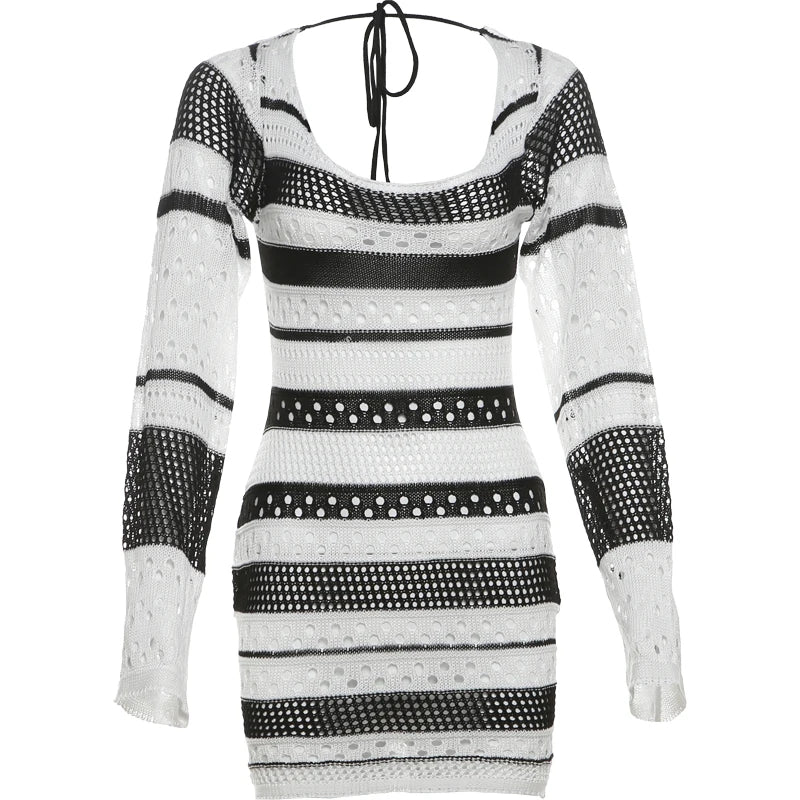 Backless Crochet Y2K Dress Autumn Stylish Full Sleeve Bandage Hollow Sexy Hipster Stripe Chic Midnight Party Clubwear