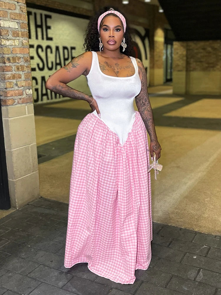 Patchwork Plaid Maxi Dress Women Square Collar Sleeveless Folds Loose Hem Summer Midnight Birthday Party Vestidos